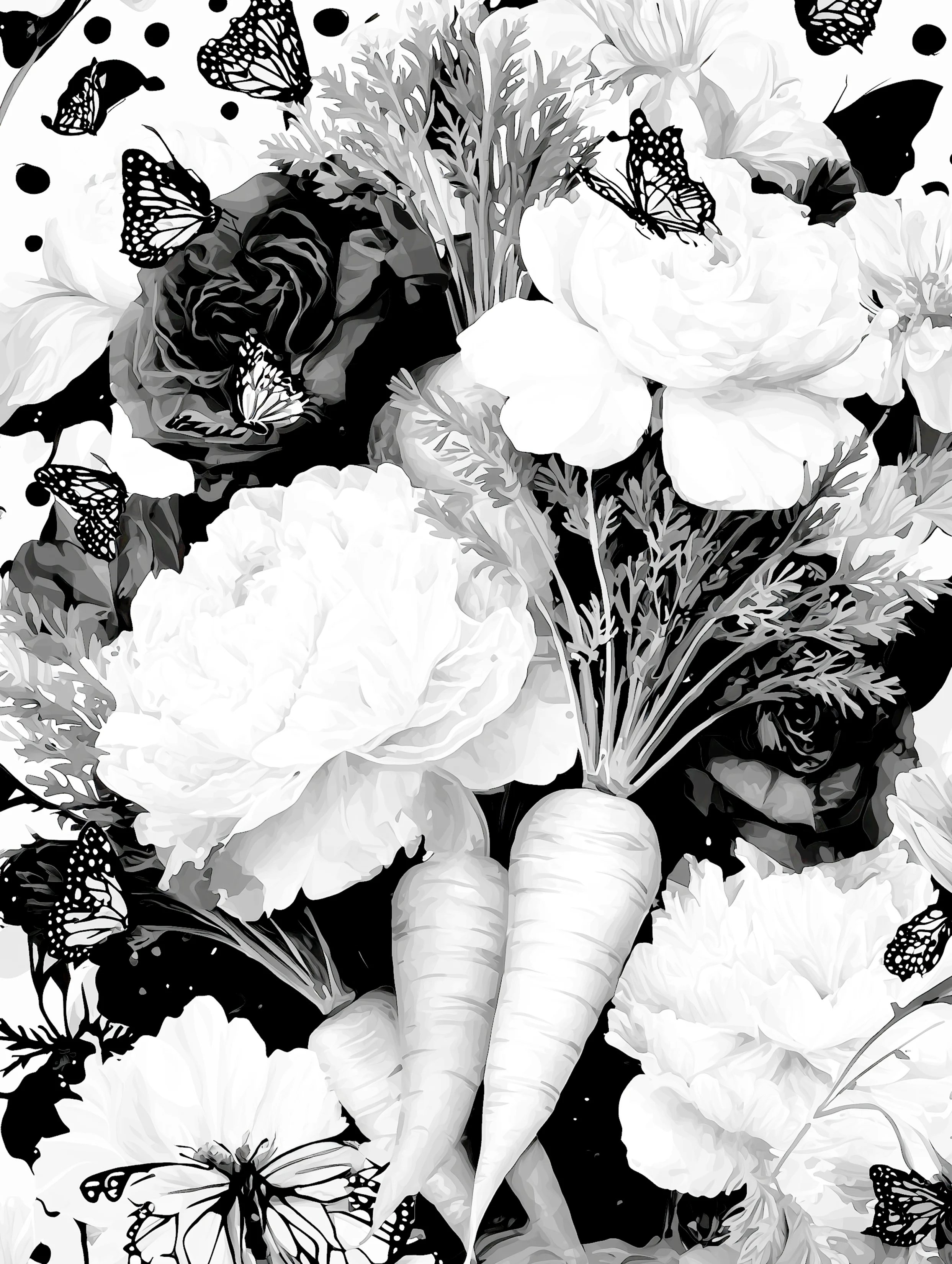 Free printable carrot coloring page for adults featuring carrots and butterflies